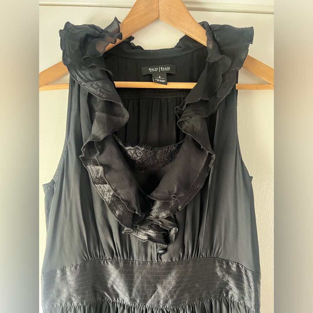 White House Black Market WHBM 100% Silk Black Ruffle Lace Trim Dress Classic